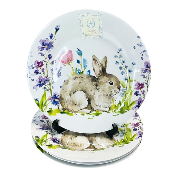 The Prairie Easter Rabbit Bunny Floral Melamine Salad Plates 4PC Set Garden - Picture 1 of 6